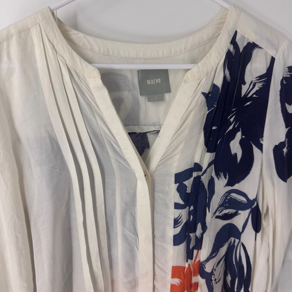 Maeve Anthropologie Womens Floral Pleated Split Neck 3/4 Sleeve Rayon Blouse 10 - Picture 5 of 9